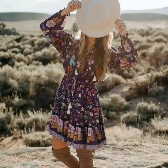 Floral Ruffle Long Sleeve Fall Boho Mini Dress - Picture 1 of 6